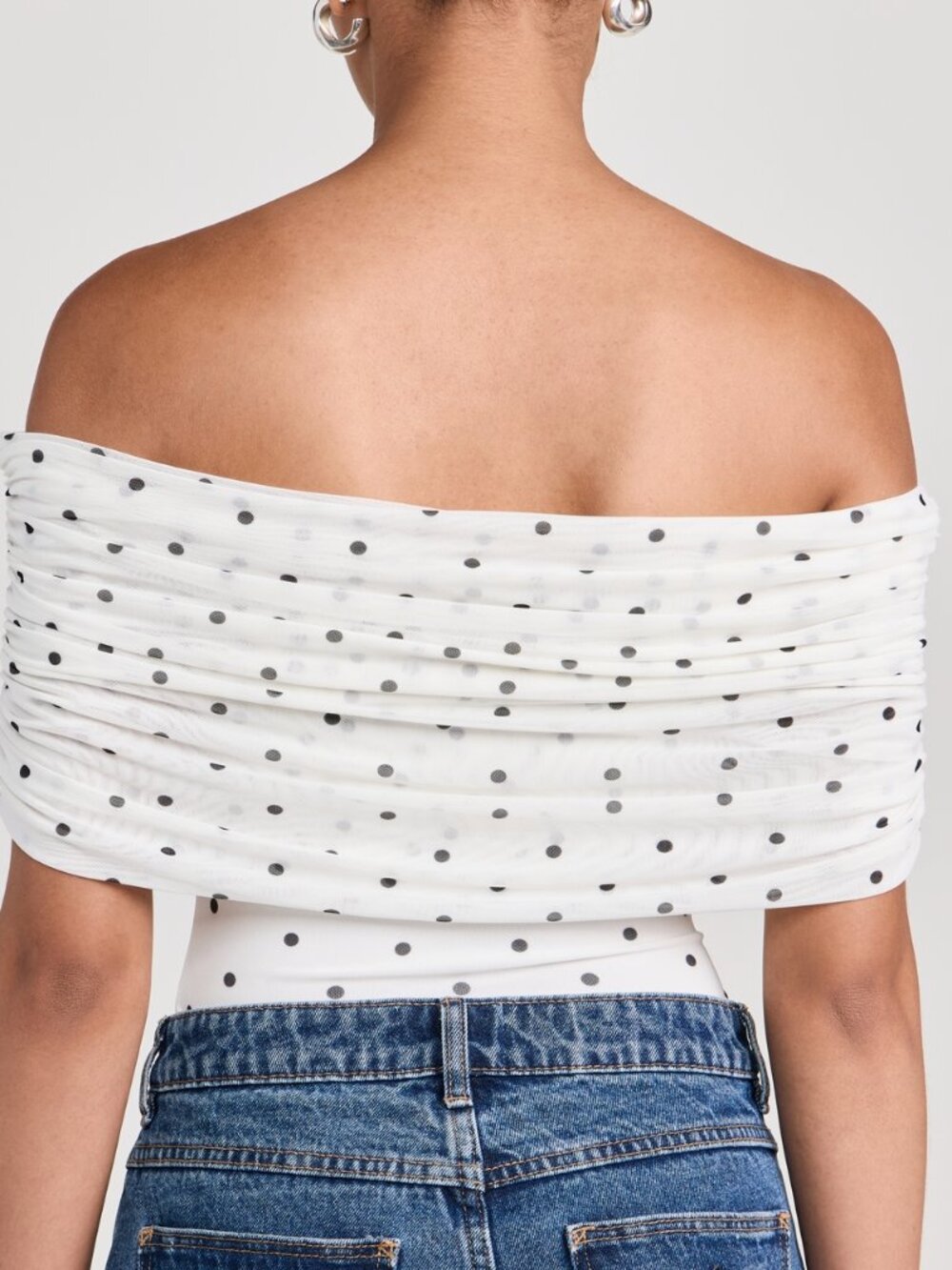 AFRM NWT Divya Thong Black White Polk Dot Mesh Off Shoulder Bodysuit Women's Med - Picture 3 of 11